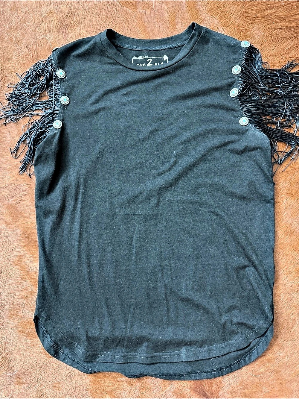 Fringe Button Detail Tank Top in Black Size 2